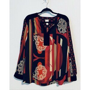 Chicos Top Womens XXL Renaissance Red Modern Medallion Velvet Trim Peasant Boho